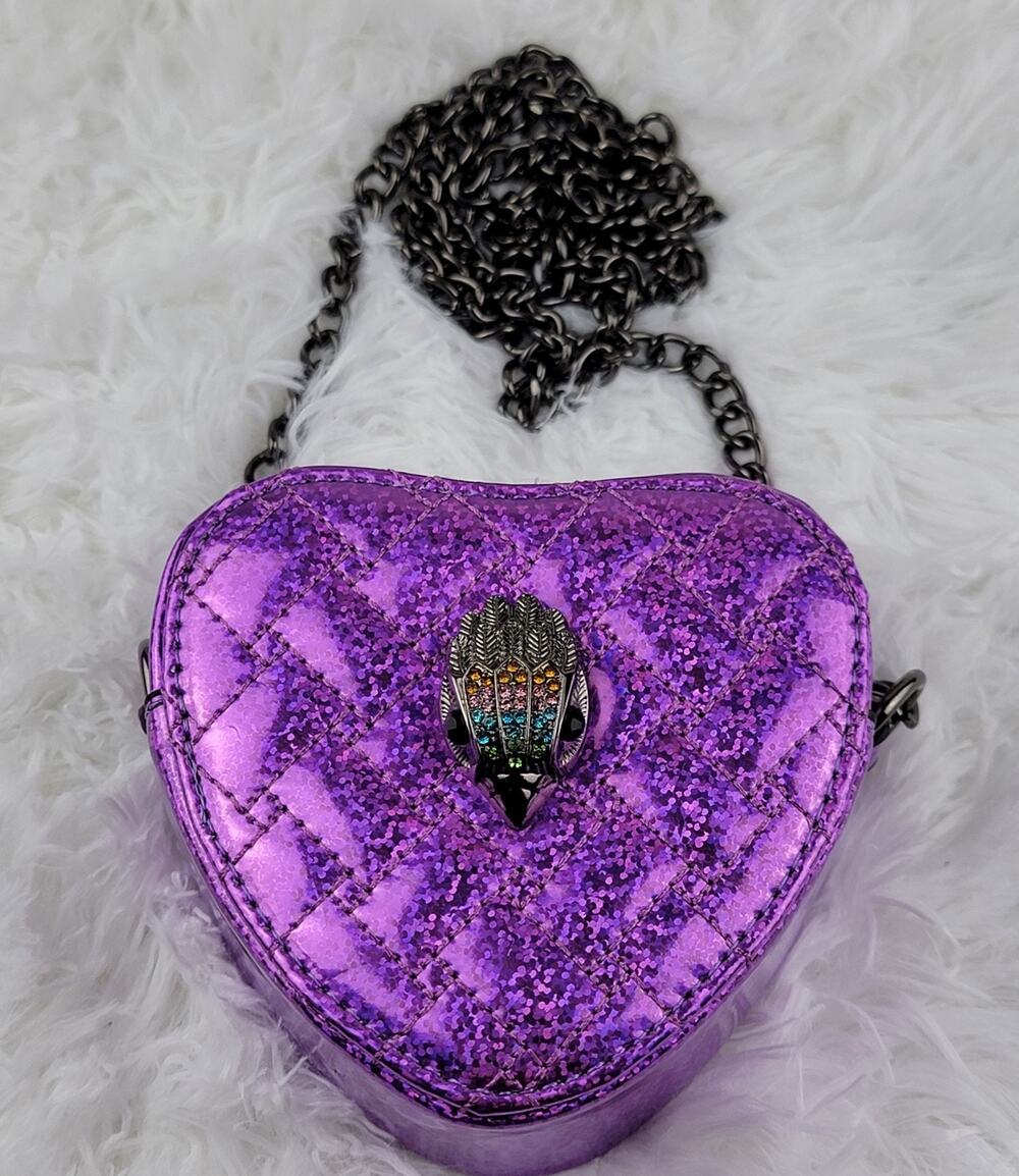 Heart Designer Mini Purse Purple Metallic Crossbody 24" Chain Zip Small Bag